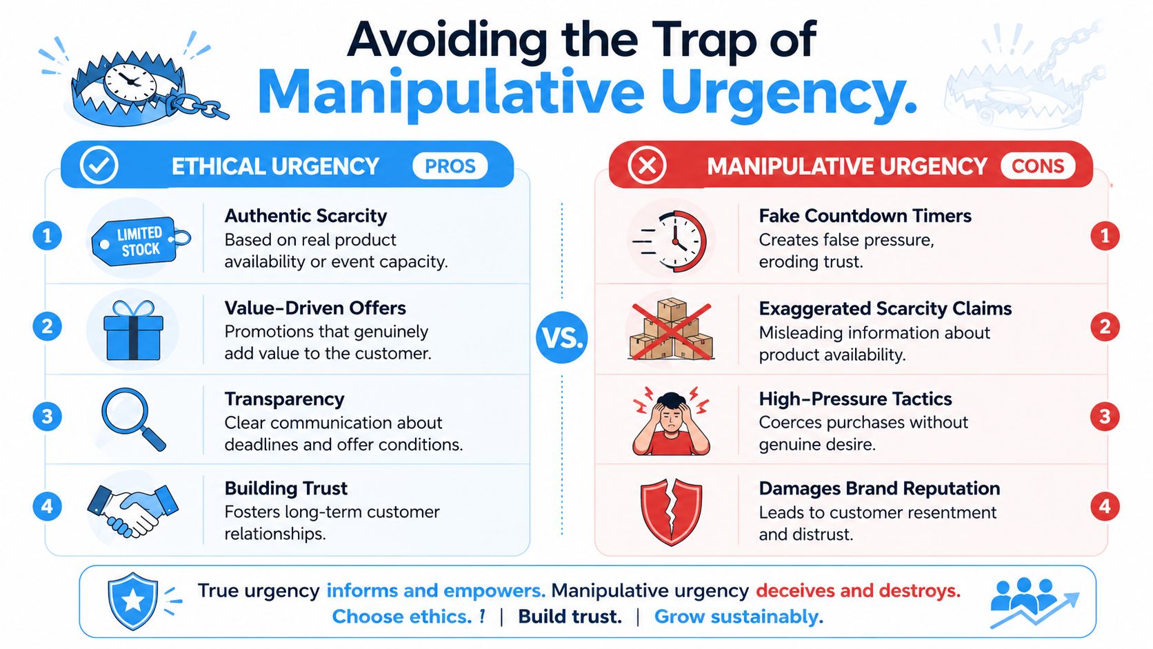 A comparison chart showing the difference between ethical urgency and manipulative urgency in marketing strategies.