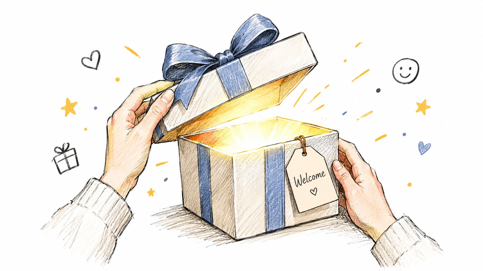 A person opening a gift box with a glowing light inside and a welcome tag attached.