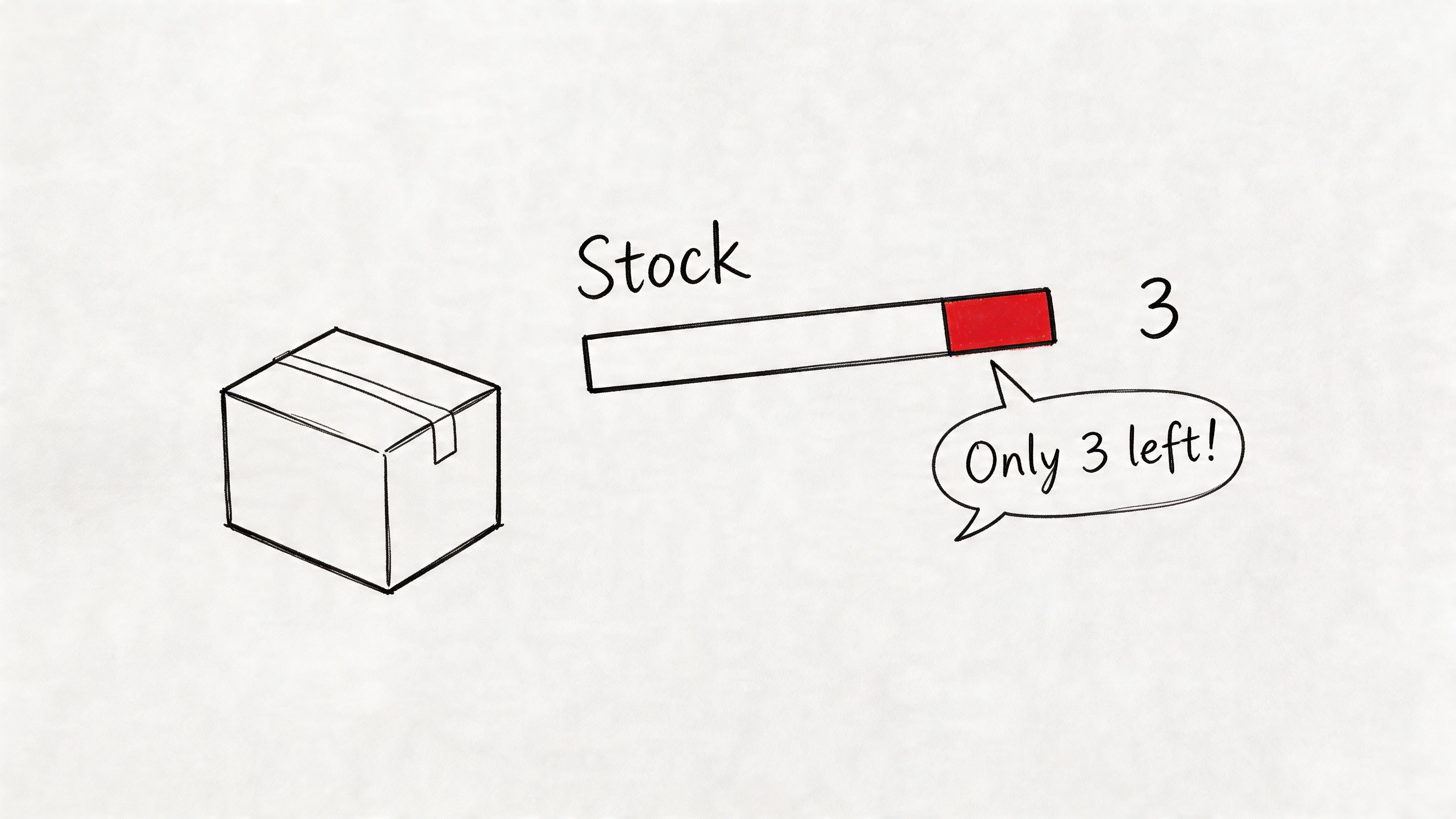 A hand-drawn illustration showing a cardboard box next to a stock level indicator with only three items left.