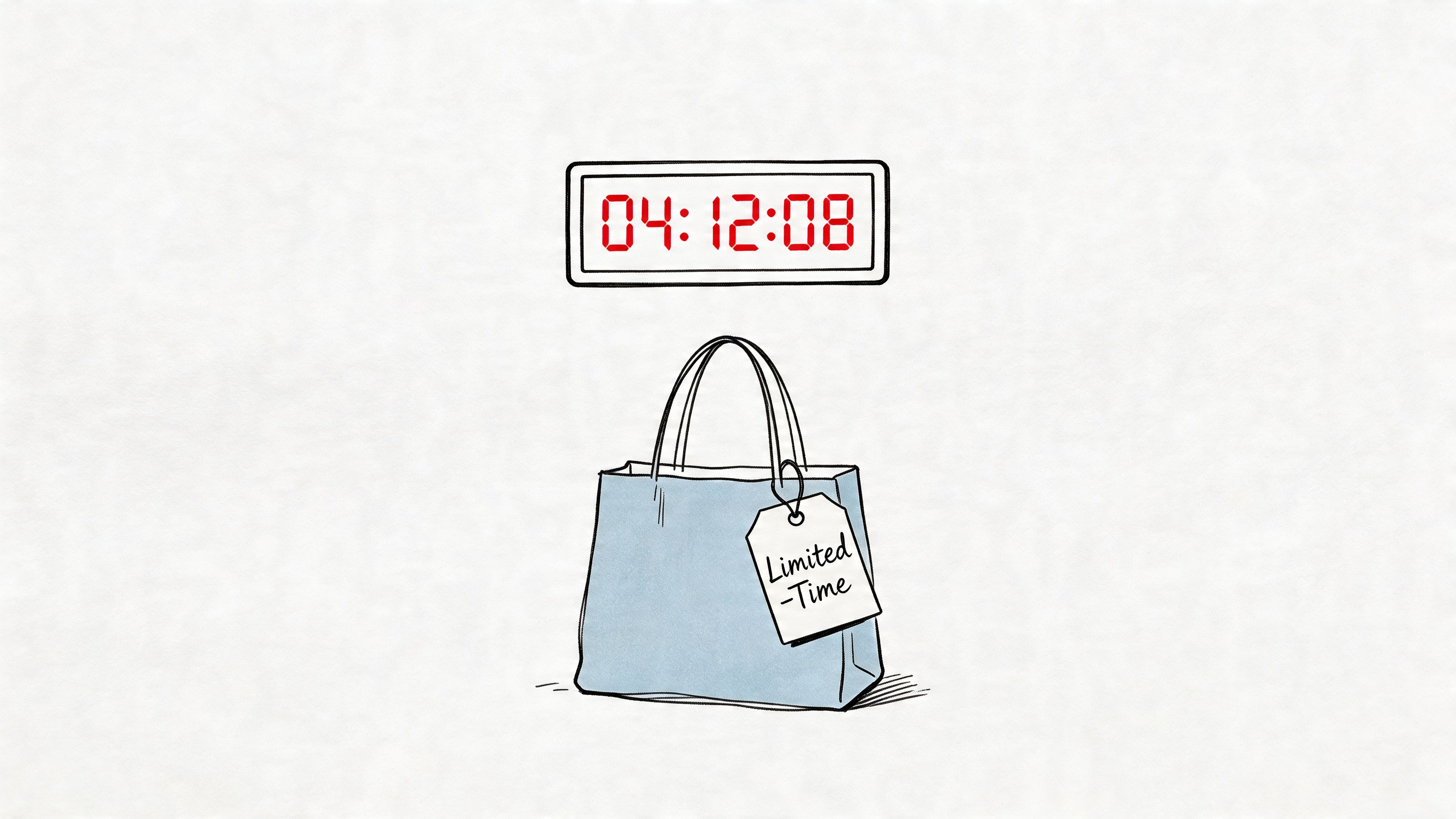 A minimalist illustration featuring a blue shopping bag with a limited time tag and a digital countdown timer.