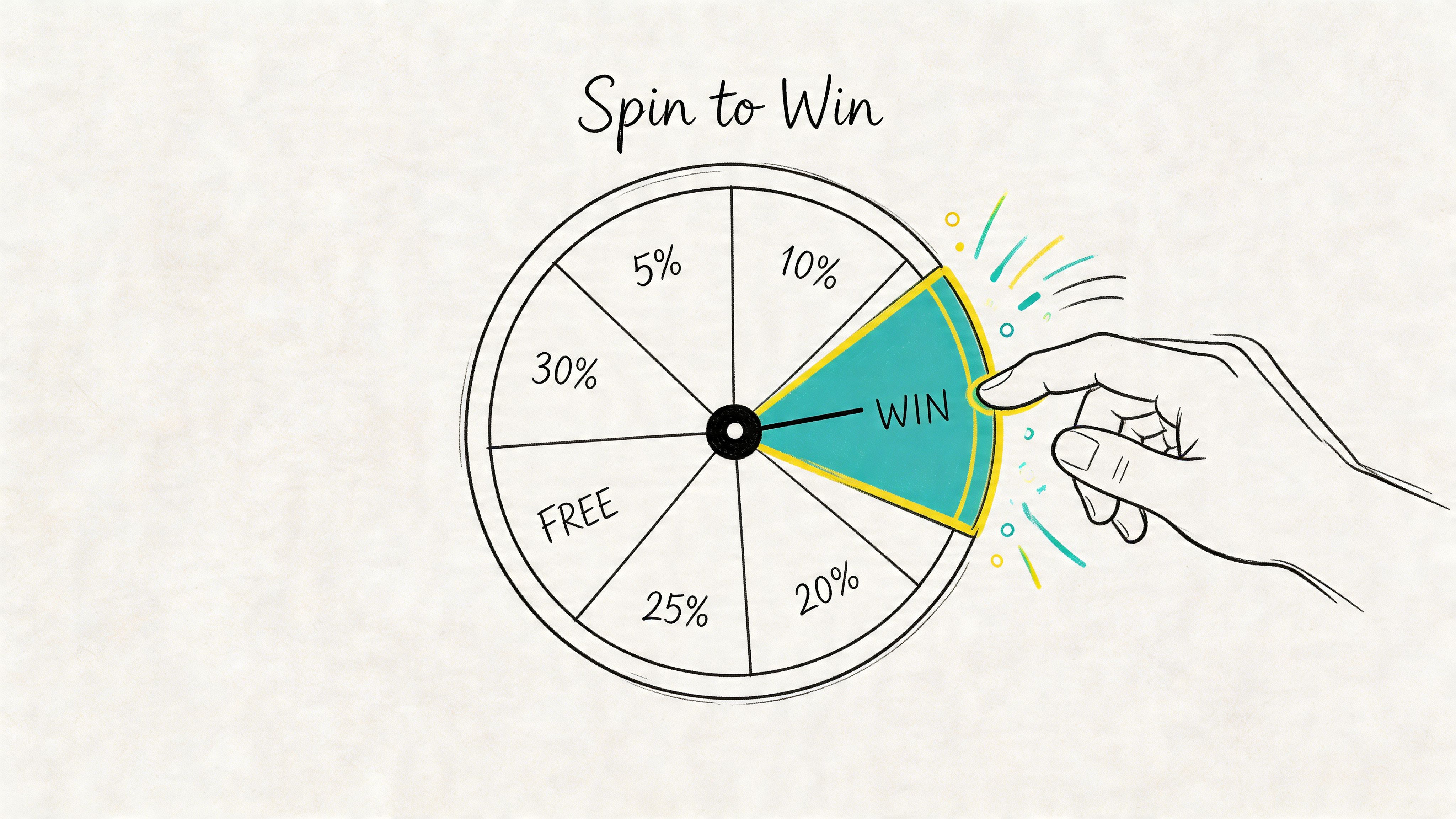 A hand spins a colorful wheel of fortune showing various percentage discounts and a free prize option.