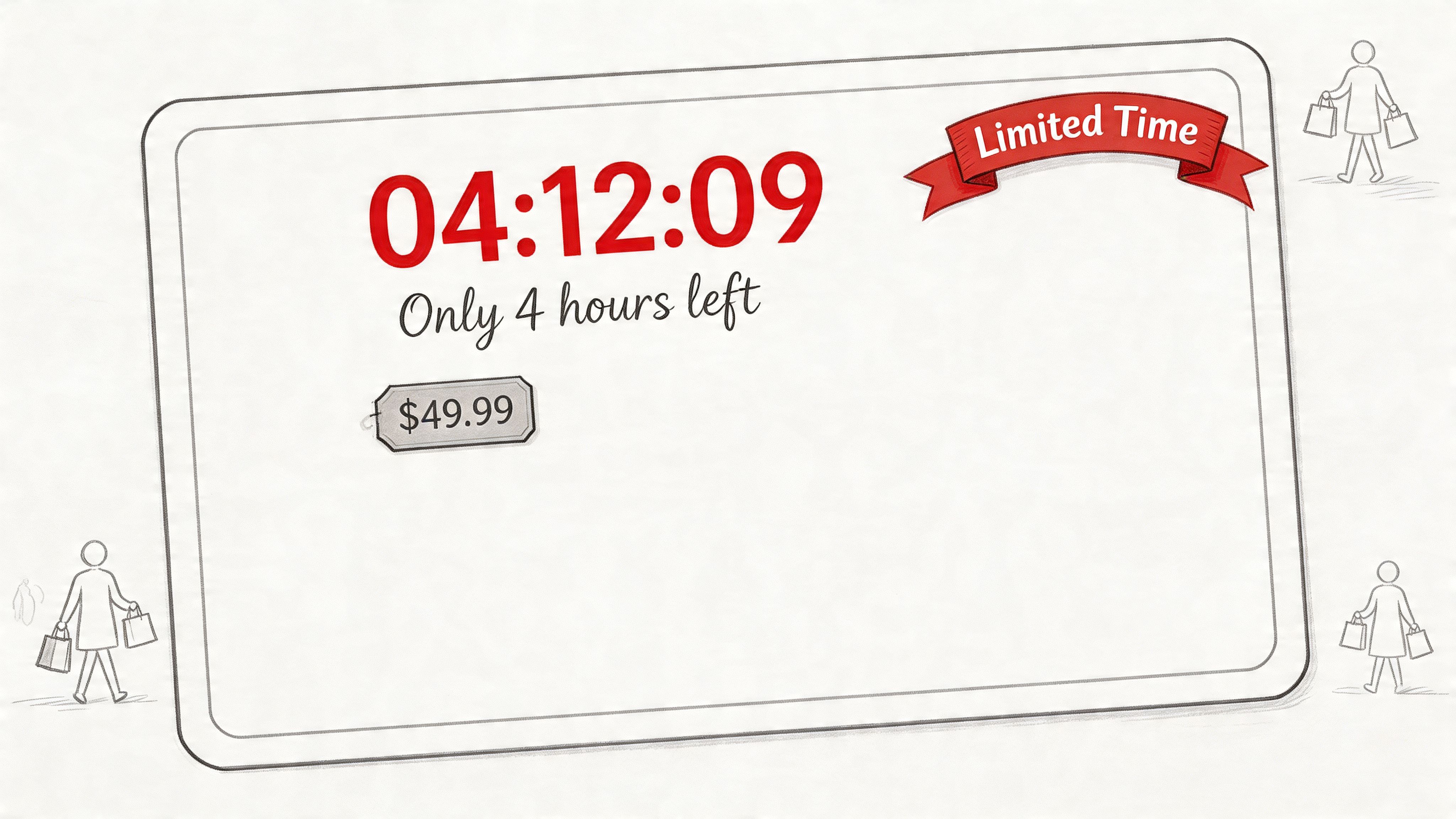 A countdown clock showing time remaining with a price tag of $49.99 for limited time marketing.