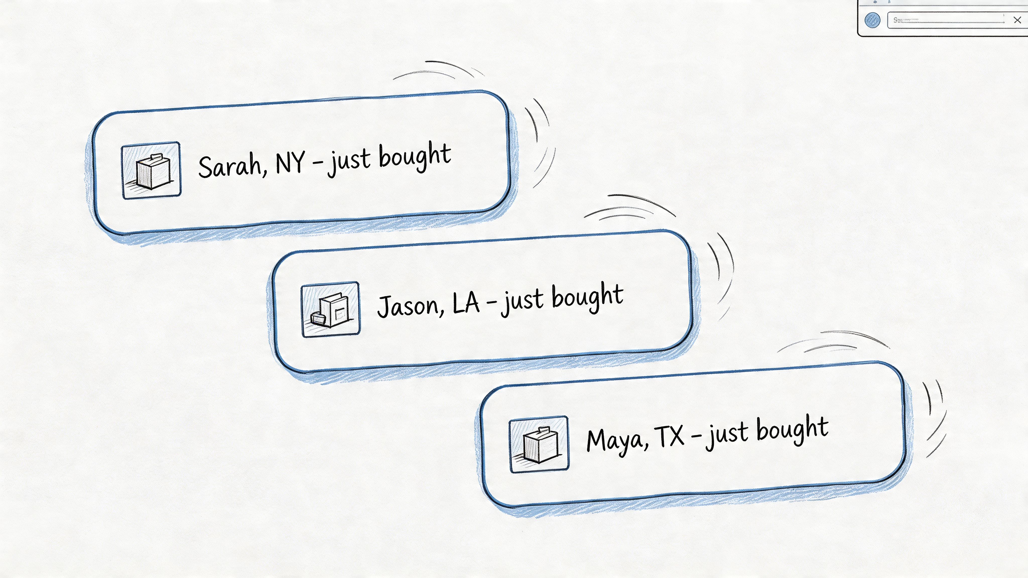 A hand-drawn illustration showing three notification popups indicating that users Sarah, Jason, and Maya have just purchased.