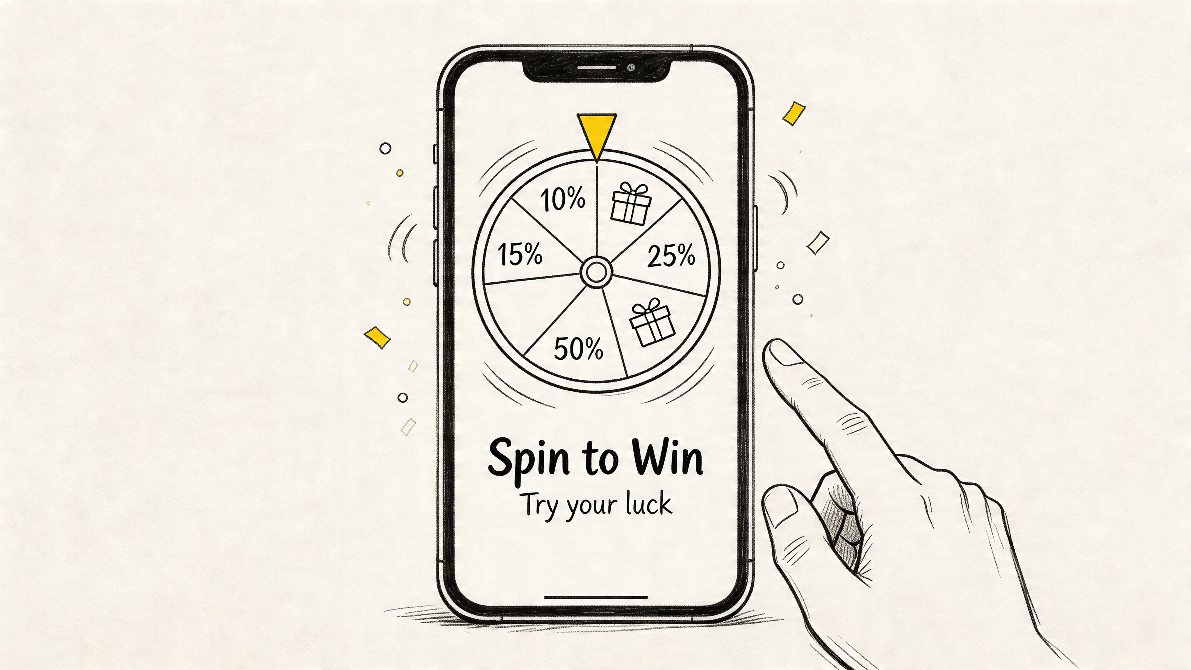 A hand interacting with a smartphone screen displaying a digital spin to win game for marketing promotions.