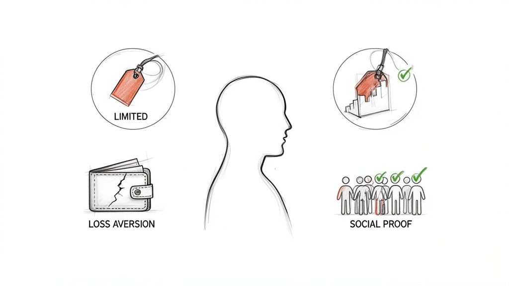 Illustration showing human silhouette surrounded by marketing concepts: limited offers, loss aversion, social proof.