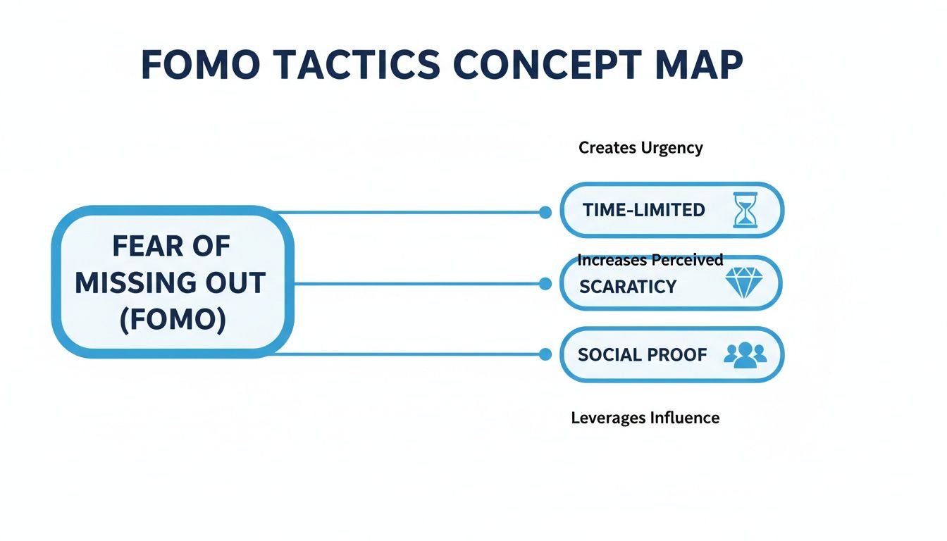 Concept map illustrating FOMO tactics: time-limited offers, scarcity, and social proof, to create urgency.