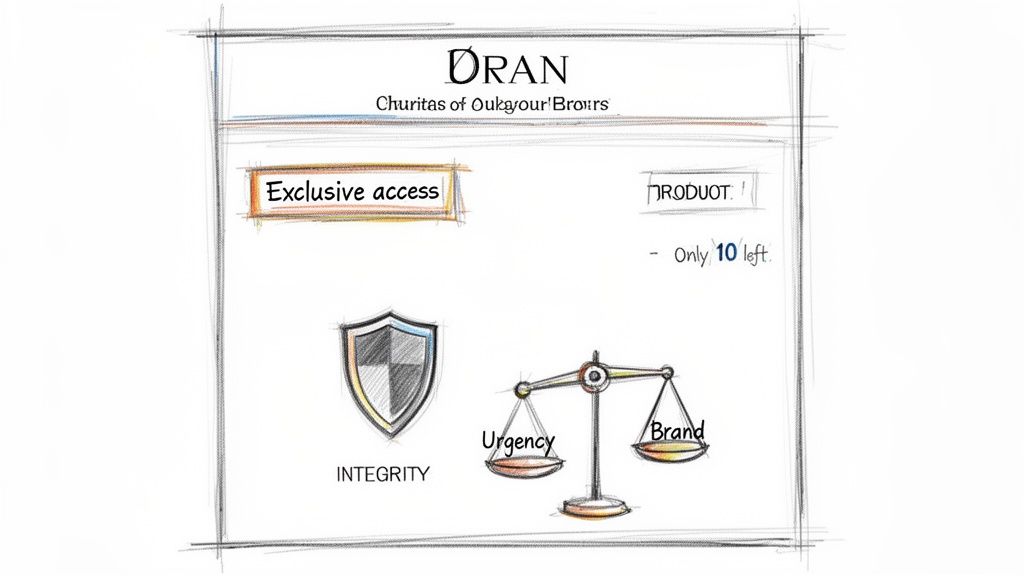 A sketch illustrates FOMO marketing concepts including exclusive access, product scarcity, urgency, and brand integrity.