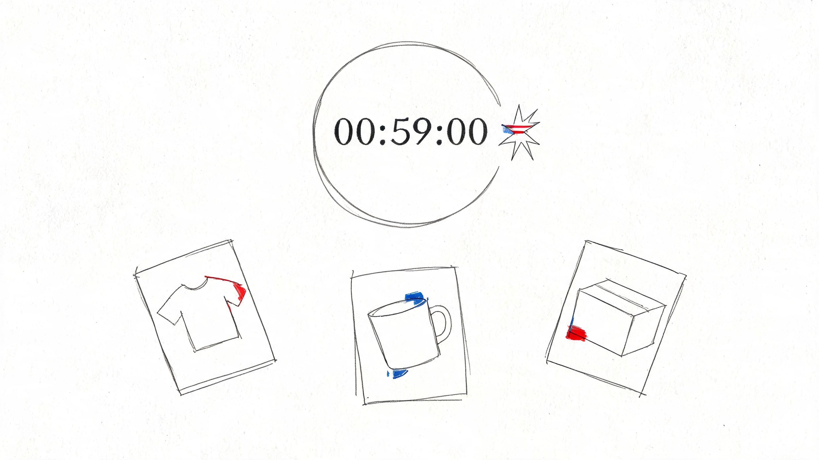 A hand-drawn countdown clock set to fifty-nine minutes with Fourth of July themed merchandise icons below.