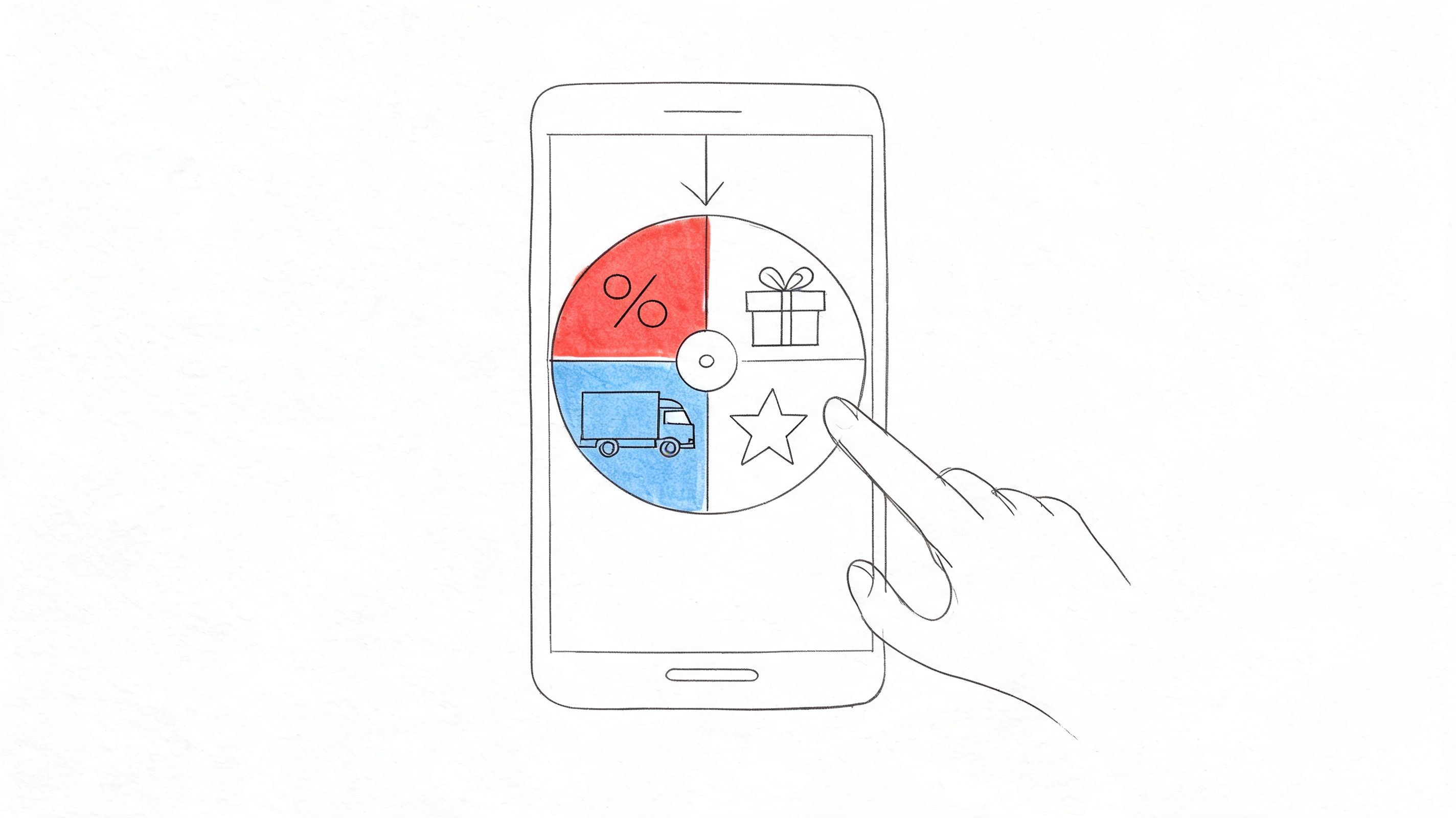 A hand touches a smartphone screen displaying a spinning prize wheel with various promotional reward icons.