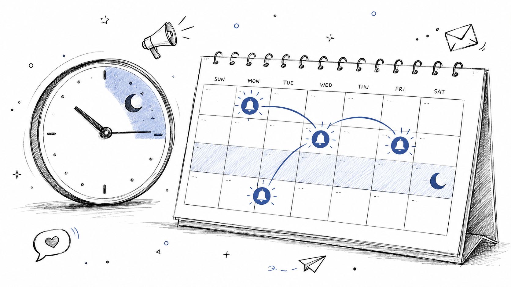 An illustration featuring a desk clock and a calendar with notifications indicating scheduling and frequency capping concepts.