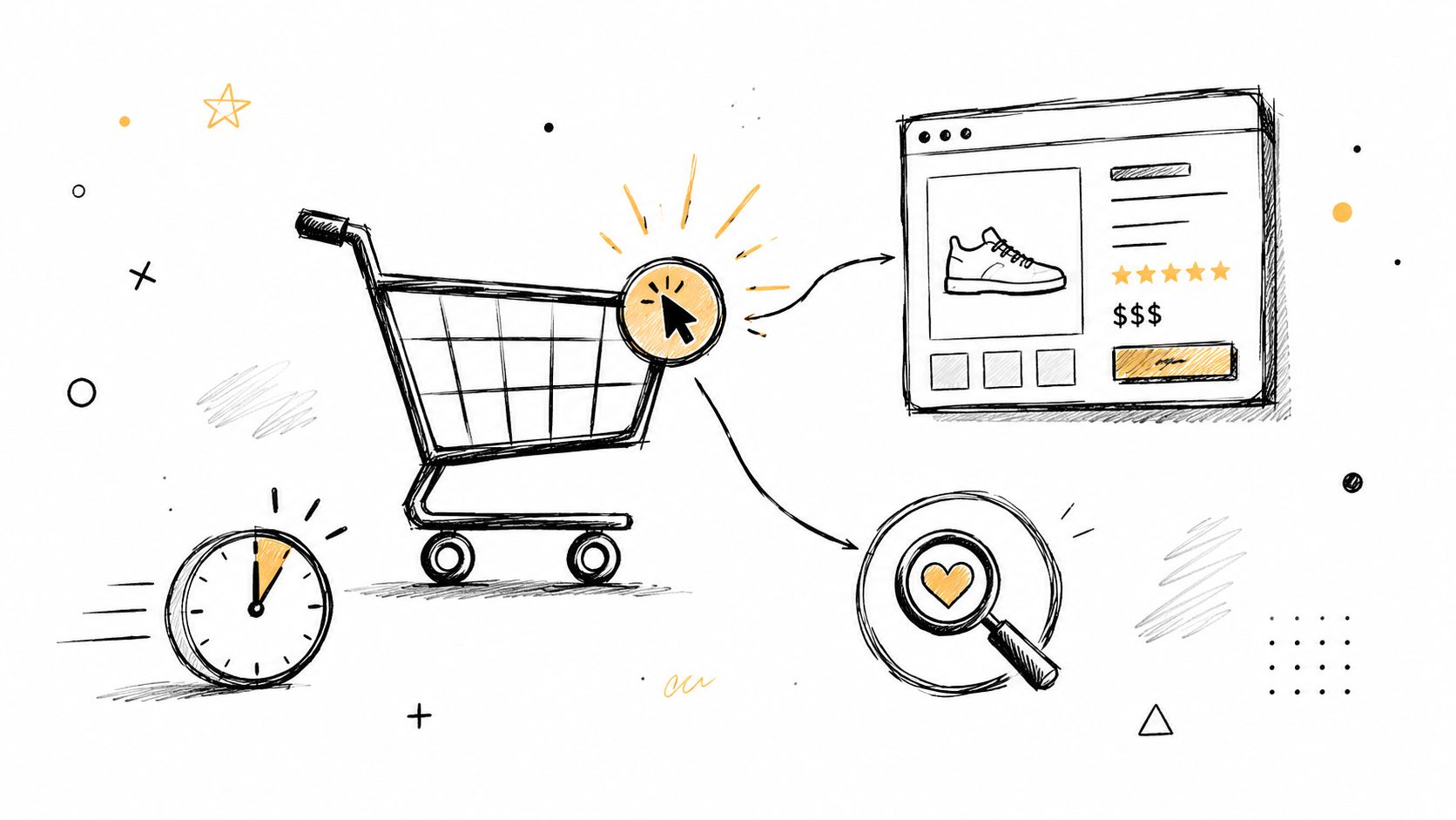 A hand-drawn sketch illustrating e-commerce concepts like shopping carts, product browsing, time sensitivity, and user preferences.