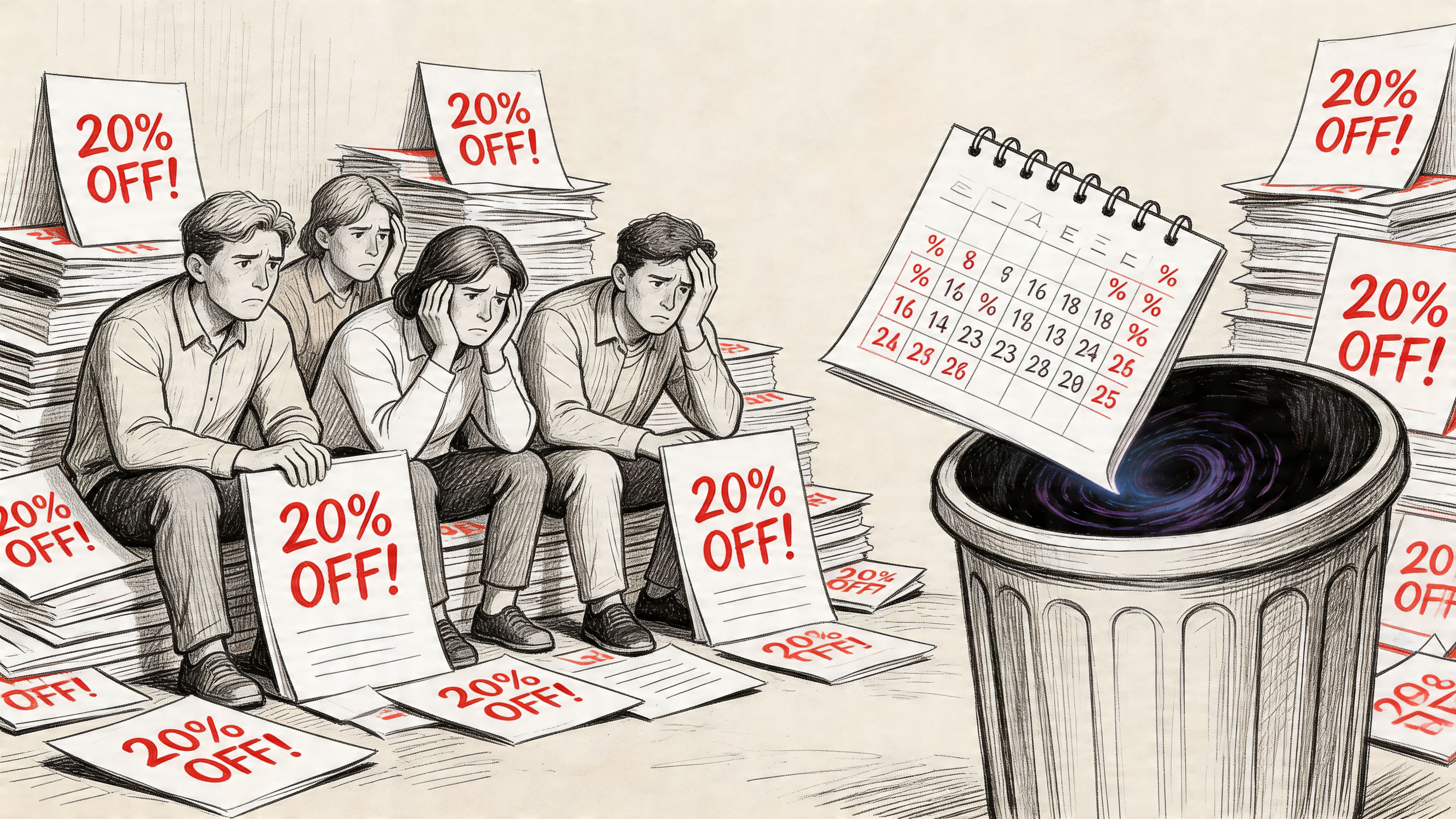 Stressed employees surrounded by stacks of twenty percent off discount flyers, discarding a calendar into a black hole.