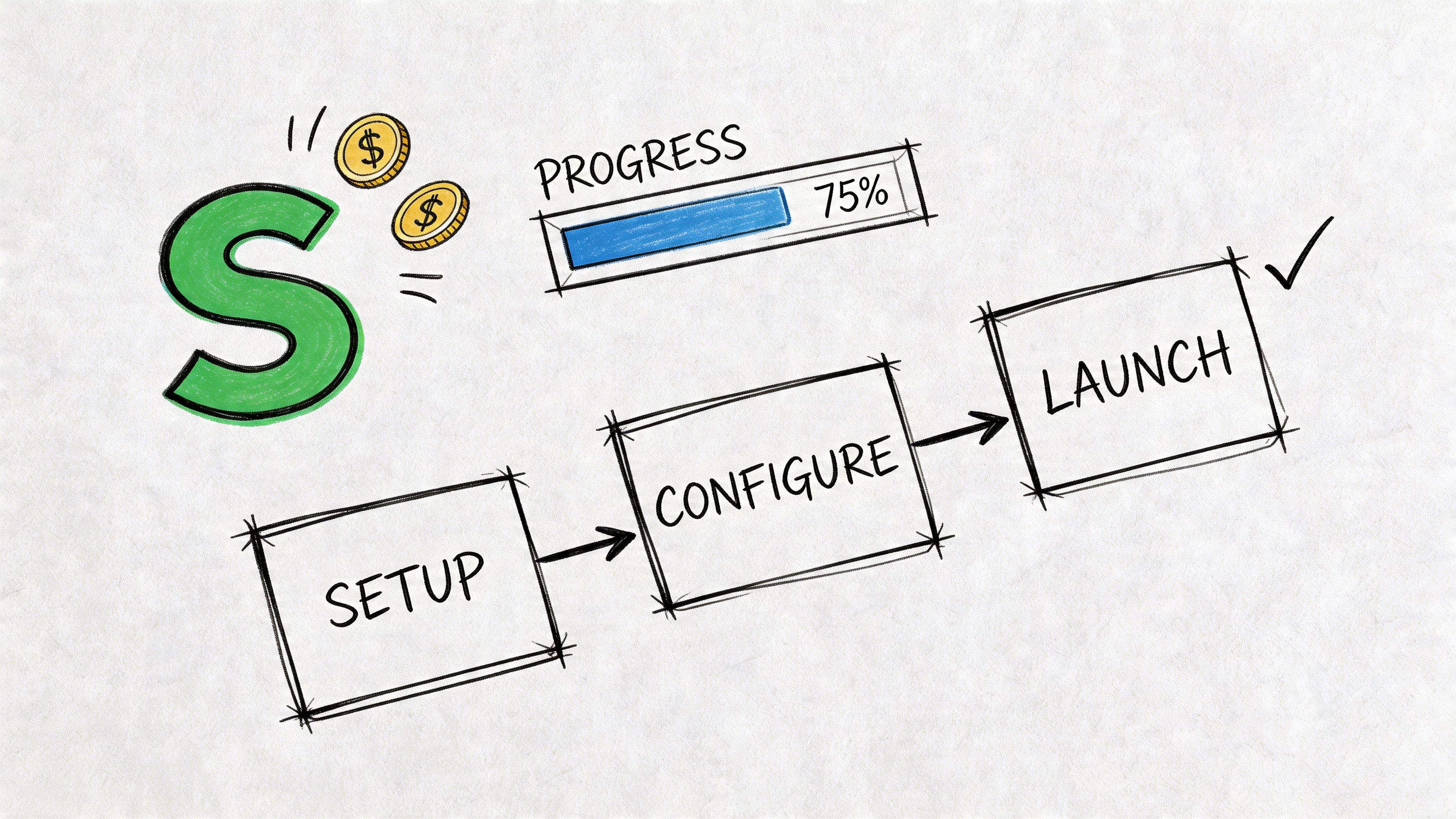 A hand-drawn illustration showing a progress bar at 75 percent and a process flowchart labeled setup, configure, and launch.
