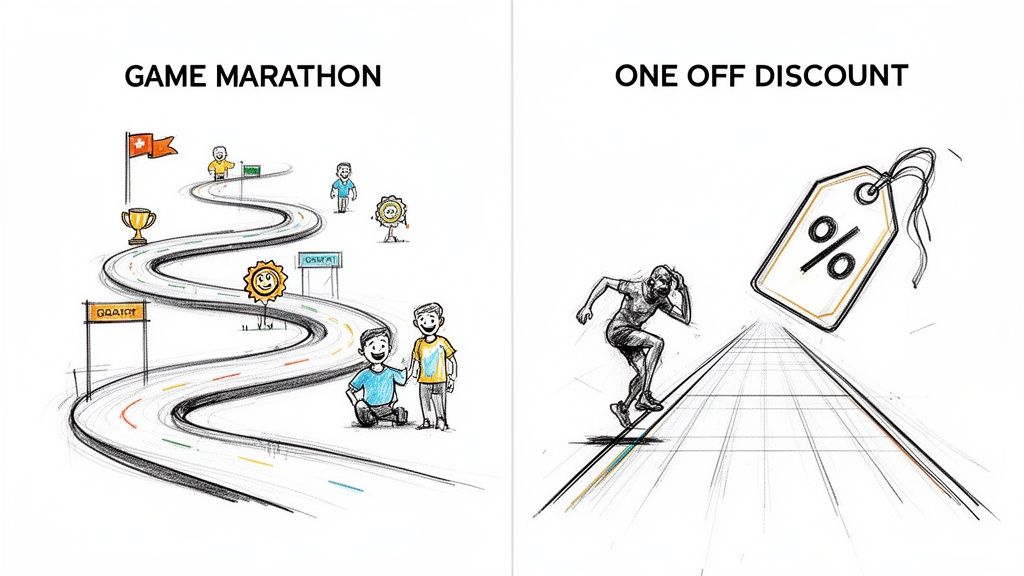 Illustration contrasts a winding 'Game Marathon' path with progress and a runner pursuing a 'One Off Discount'.