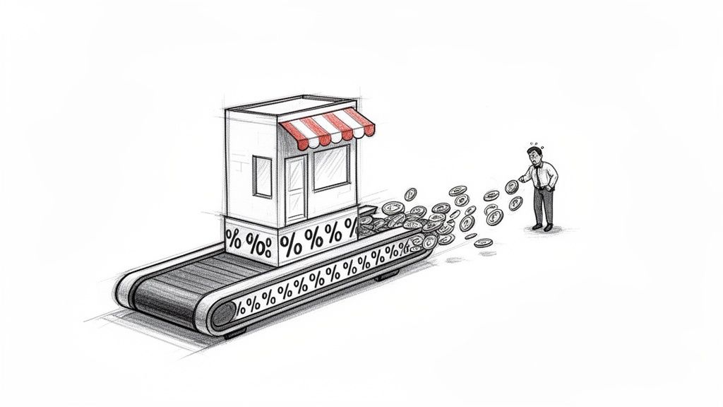 A business on a conveyor belt marked with percentage signs, losing money, while a man tries to collect scattered coins.