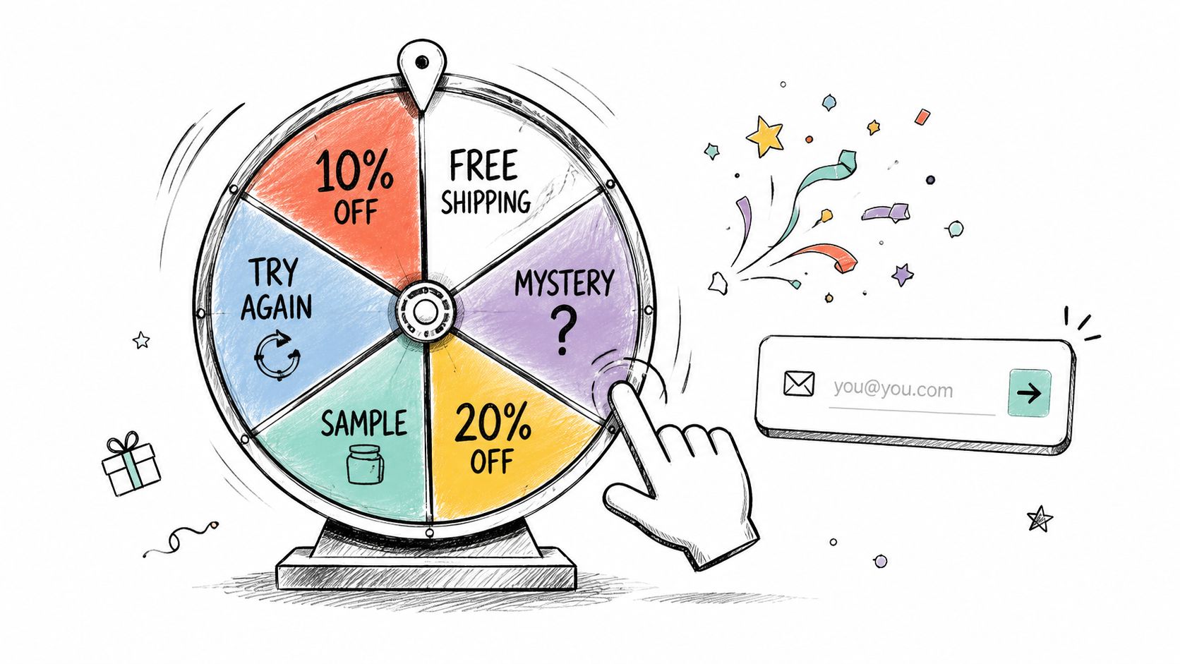 A hand clicking a spinning prize wheel used for collecting email addresses with fun promotional discount offers.