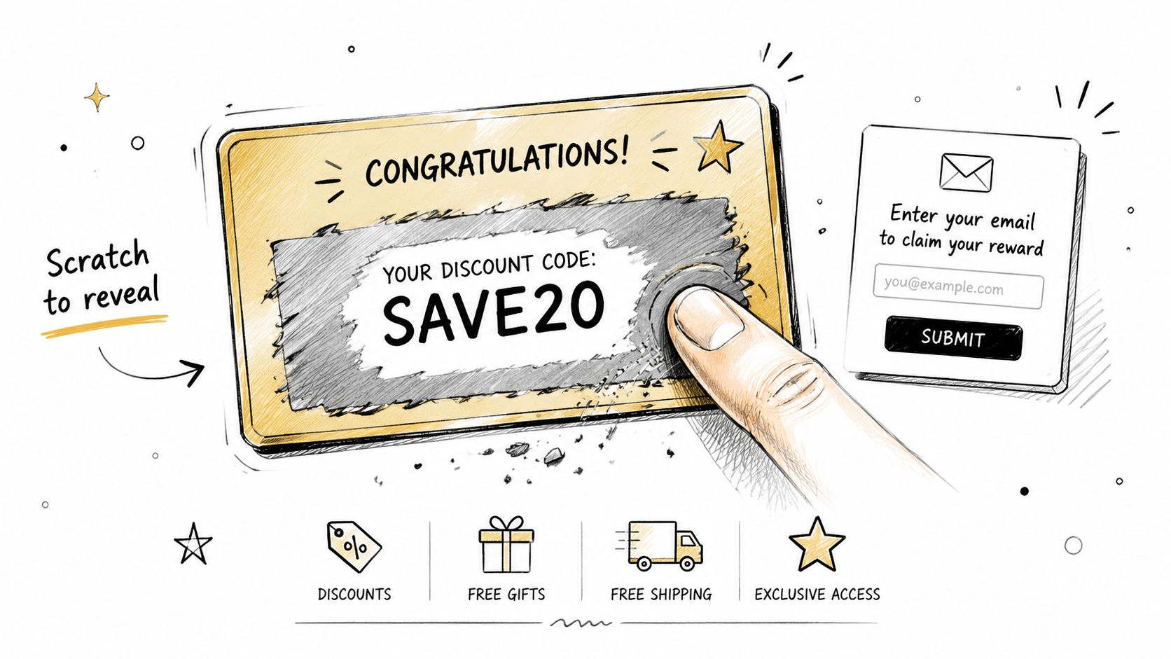 A creative illustration featuring a digital scratch-off card used for a gamified email marketing signup campaign.