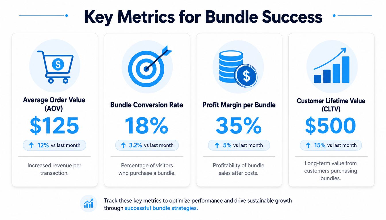 An infographic showing four key business metrics for tracking bundle success including AOV, conversion rate, profit margin, and CLTV.