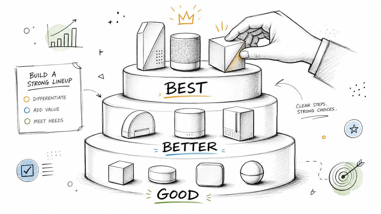 A hand placing a cube on a tiered display representing a good, better, best business product strategy.