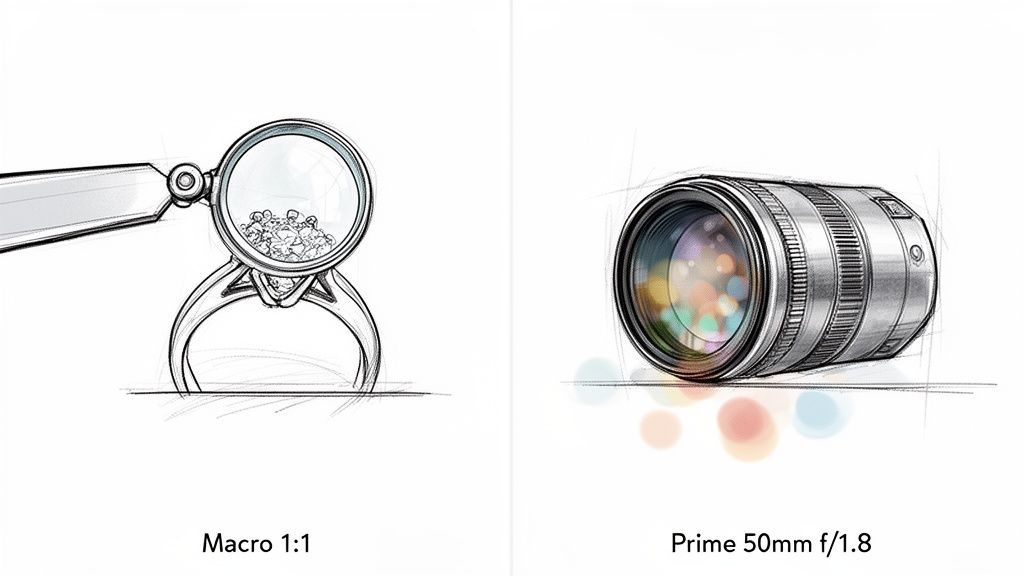 Sketches comparing macro 1:1 photography of a diamond ring and a prime 50mm f/1.8 lens.
