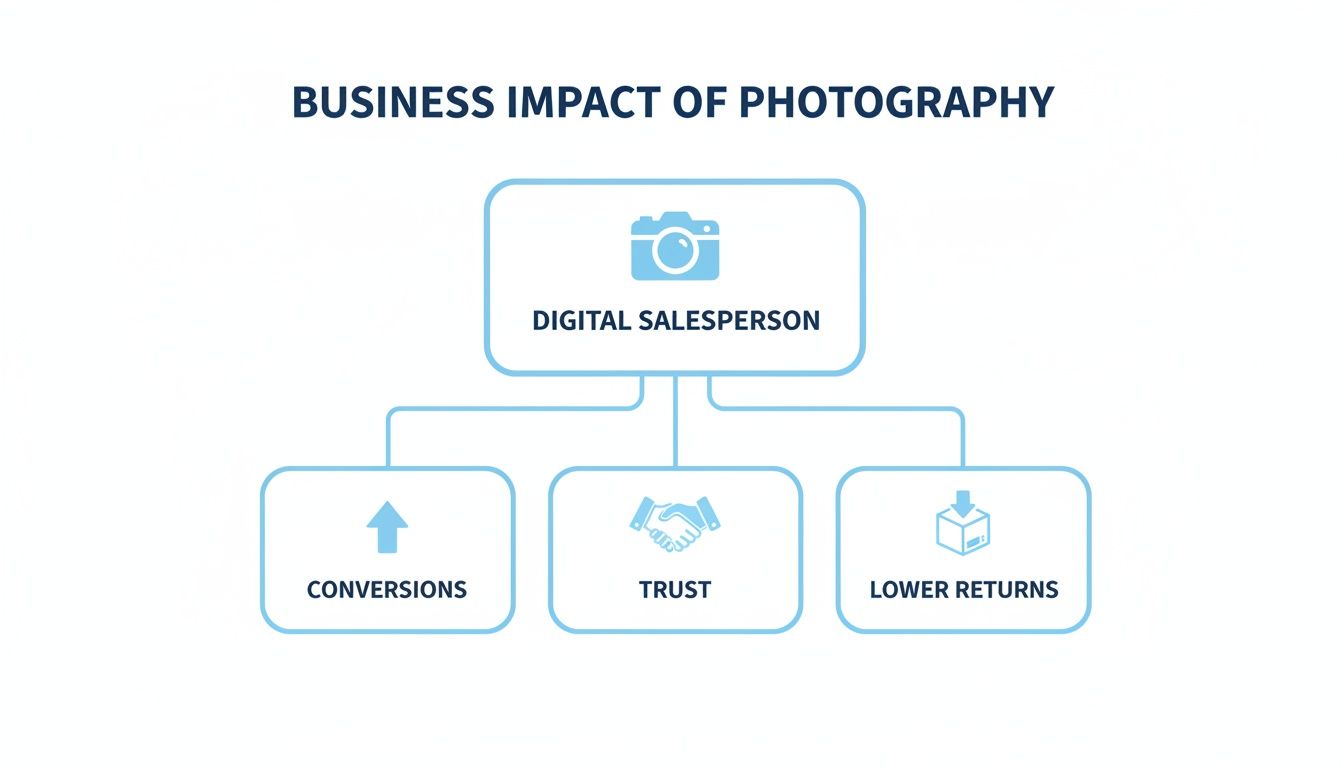 Flowchart illustrating photography's business impact: acting as a digital salesperson for conversions, trust, and lower returns.