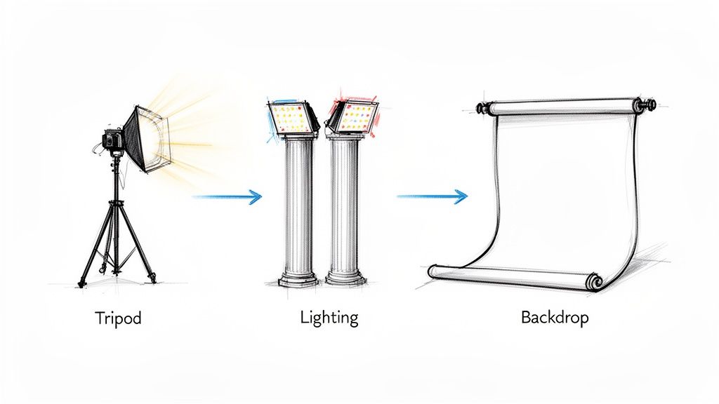 A sketch illustrating a photography setup, showing a camera on a tripod, lighting, and a white backdrop.