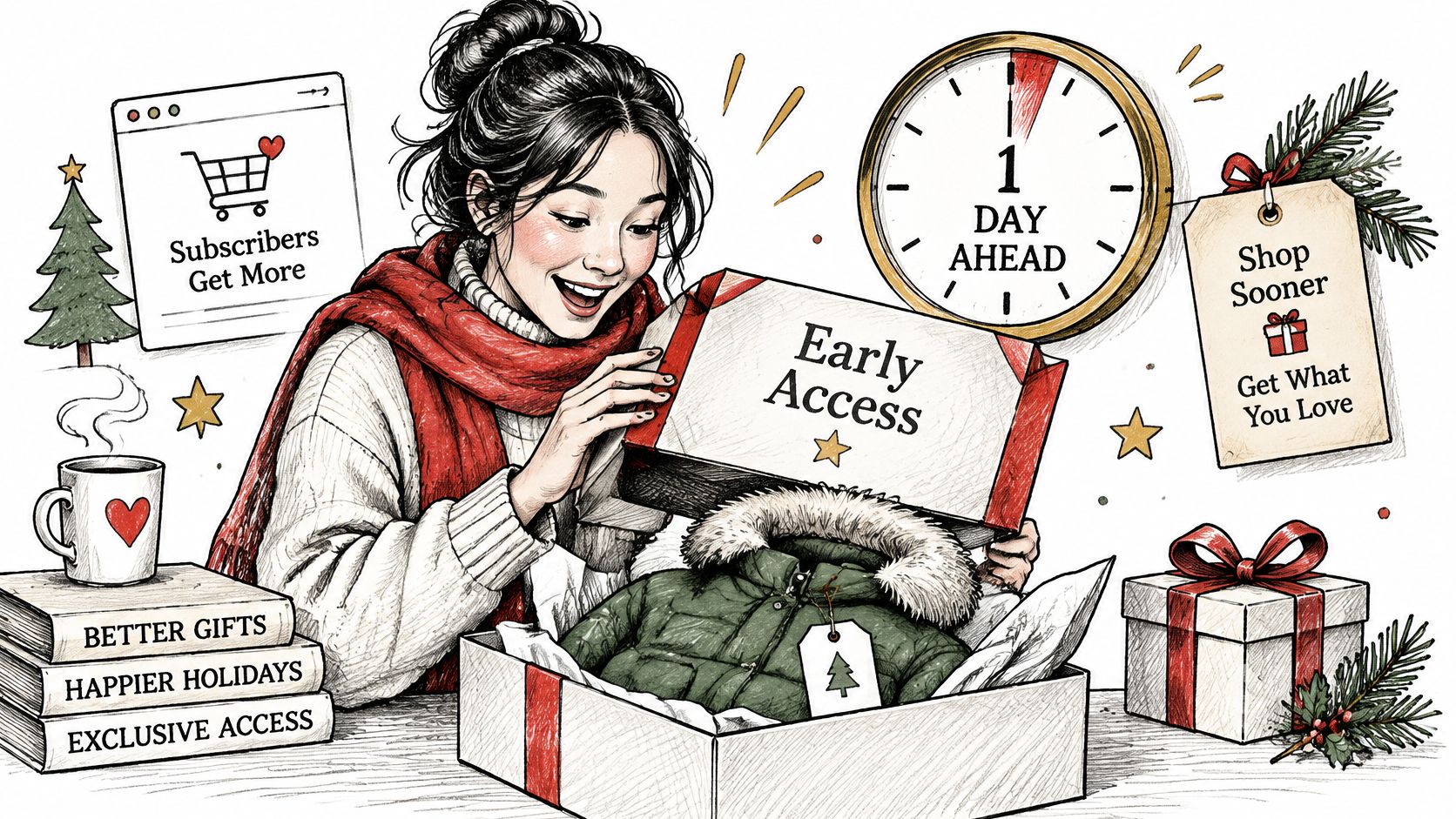 A happy woman opening a holiday gift box featuring early access to shopping sales and gifts.