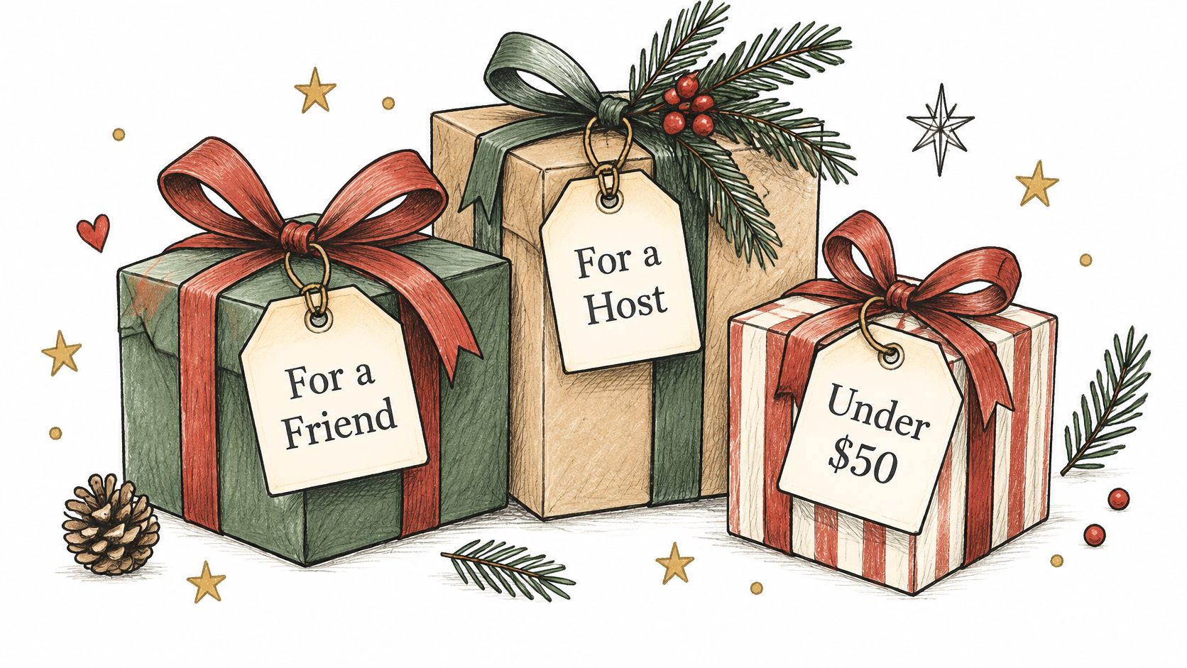 Three wrapped gift boxes with labels For a Friend, For a Host, and Under $50 for holiday gift-giving.