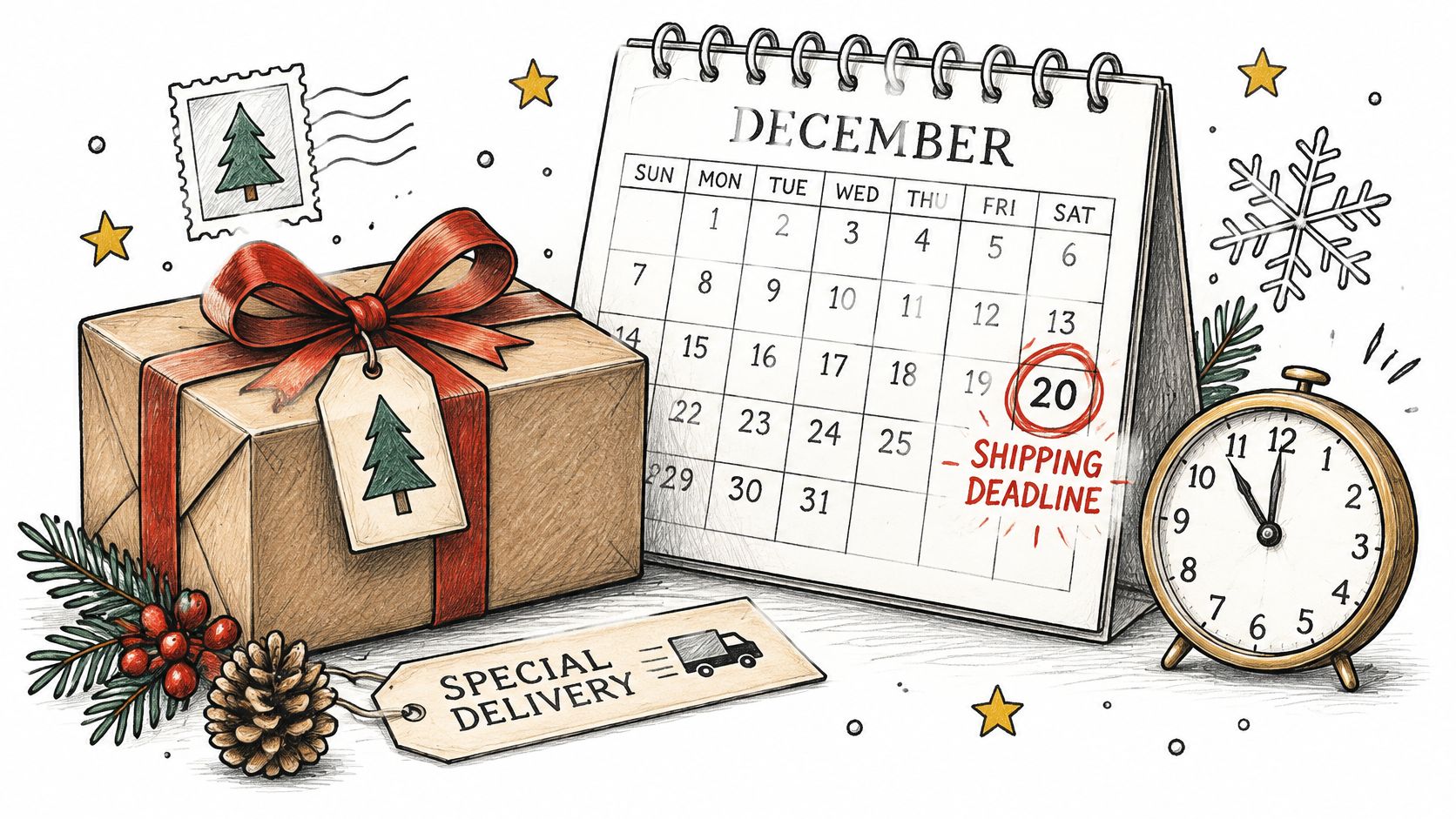 A festive illustration featuring a wrapped gift, a December calendar with a shipping deadline, and a clock.