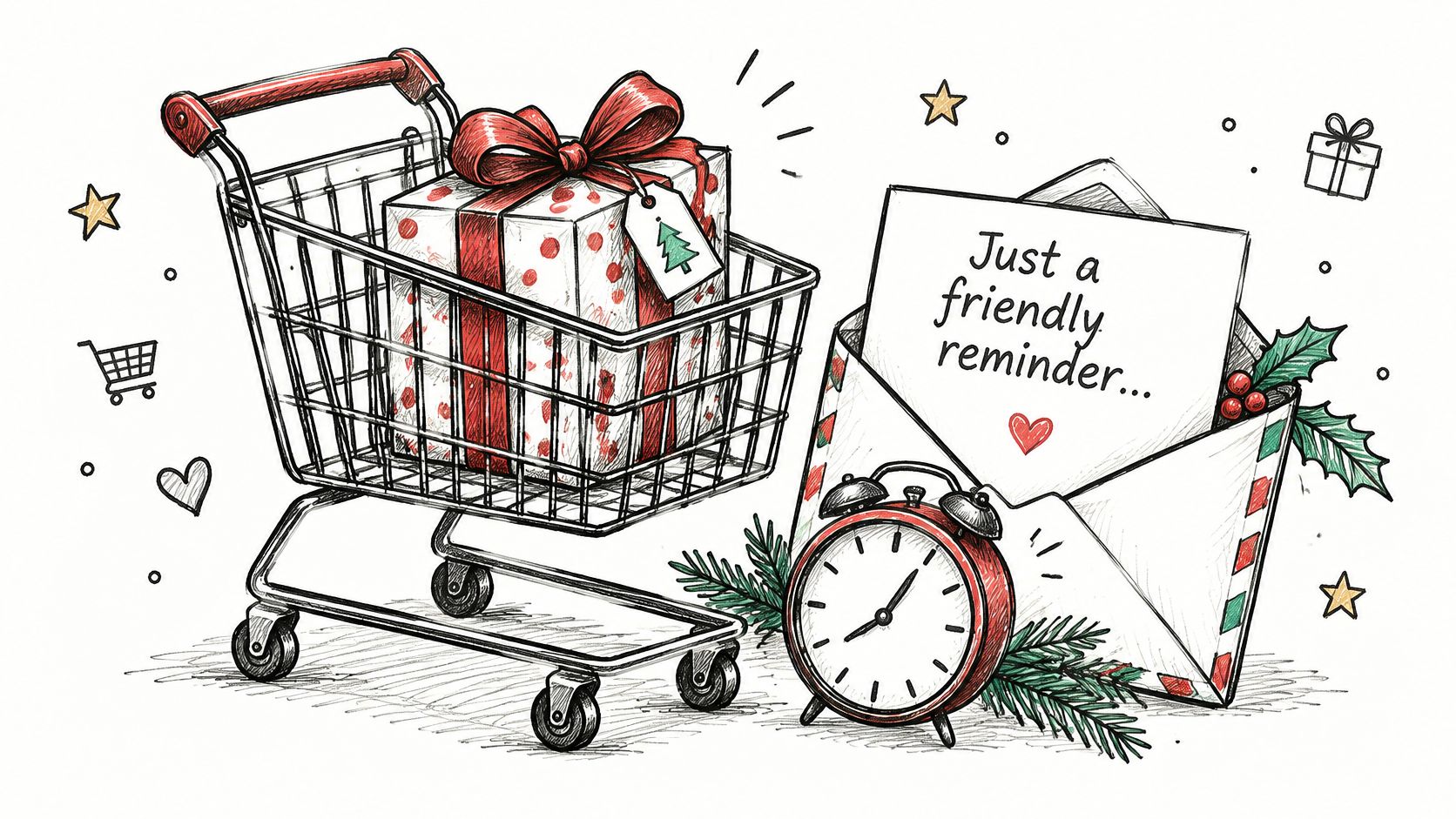 A sketched illustration showing a shopping cart containing a gift alongside an envelope and a clock.