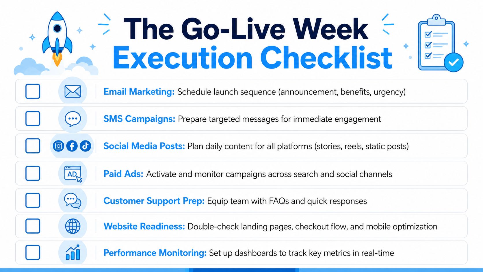 A checklist graphic titled The Go-Live Week Execution Checklist detailing seven essential tasks for product launch marketing.