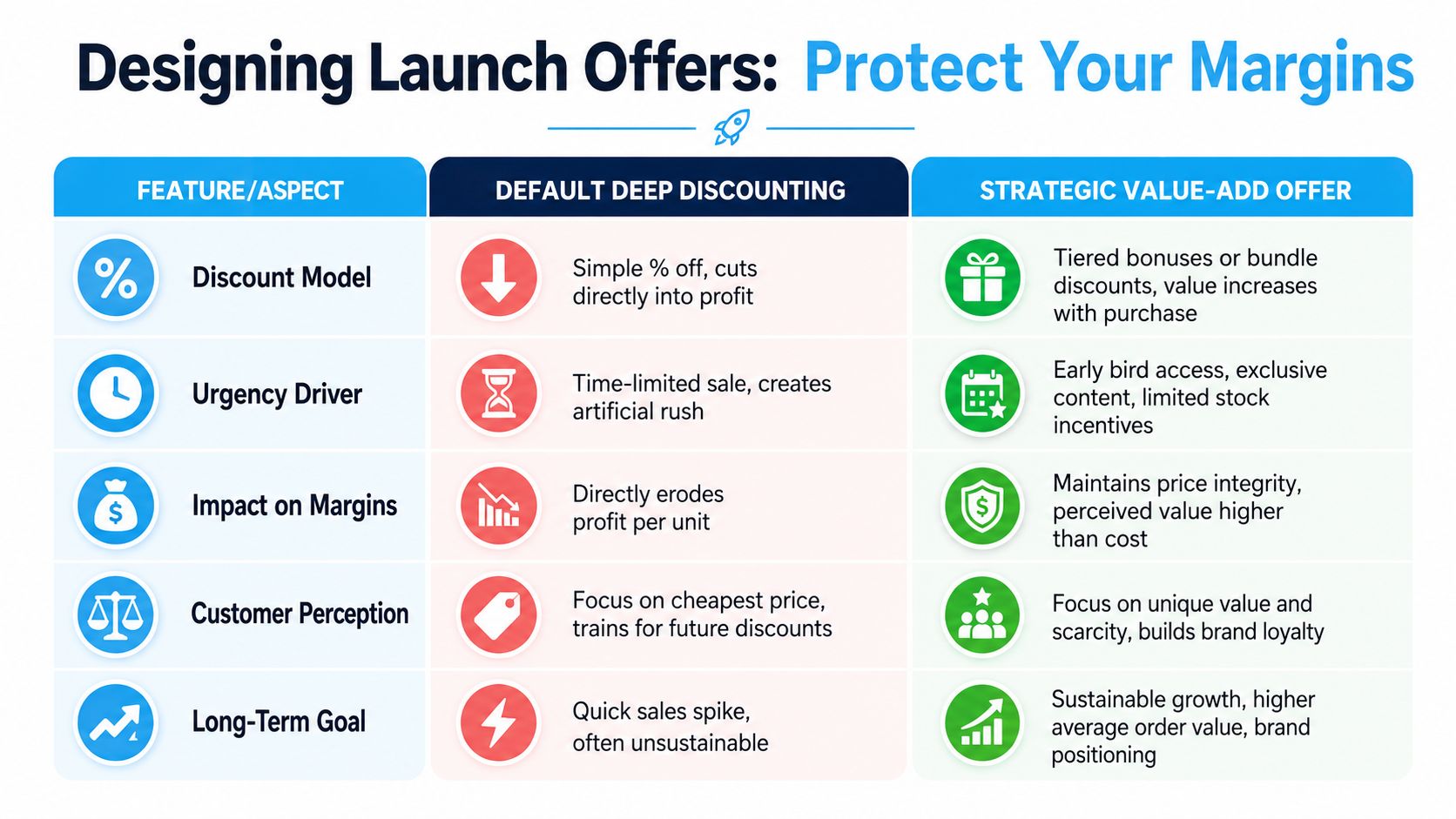 A comparison chart showing how to choose between deep discounting and value-add offers for product launches.
