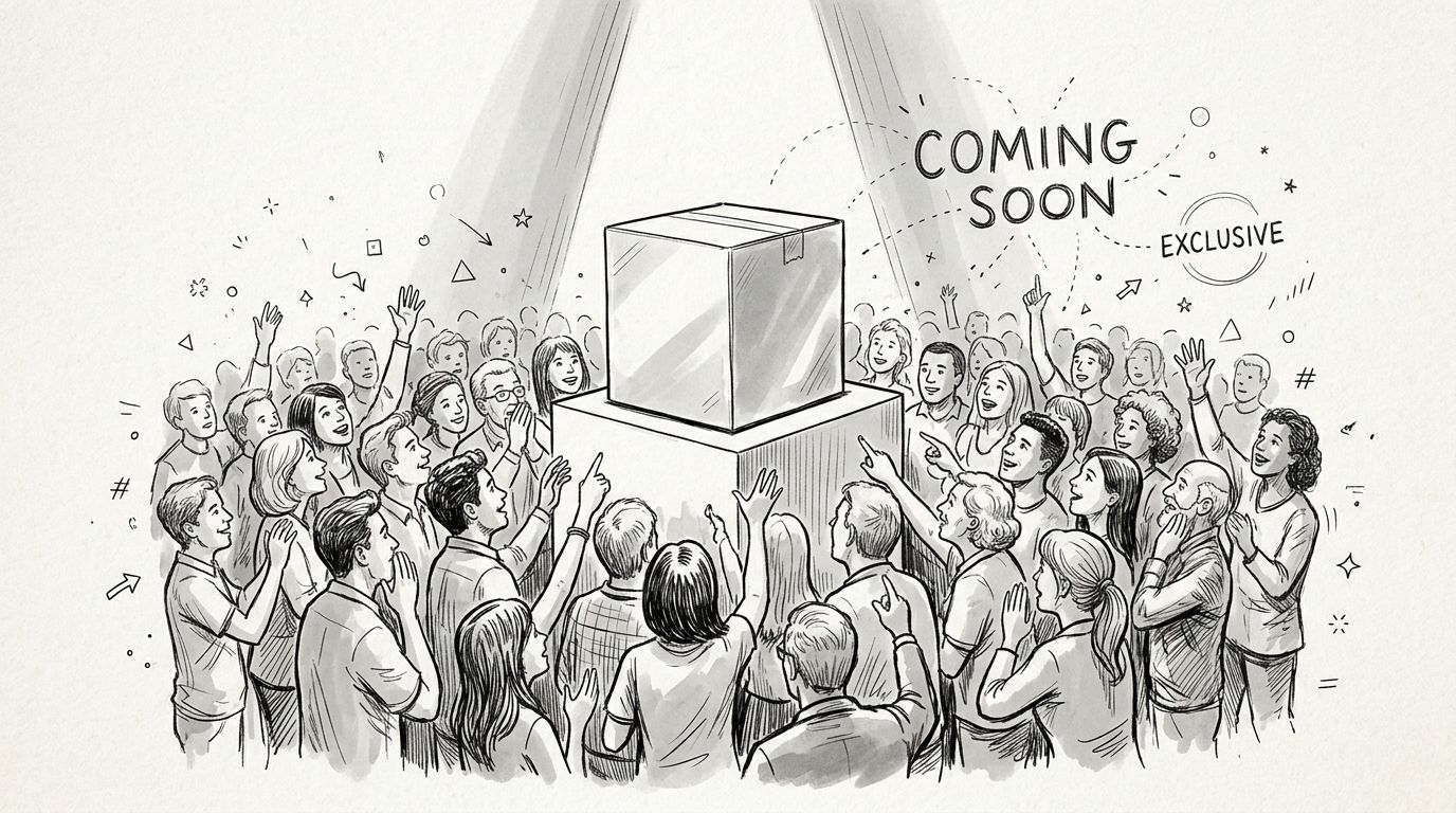A line art illustration of an excited crowd pointing and cheering at a mysterious product launch box.