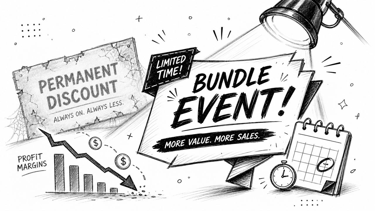 A pencil sketch comparing a permanent discount strategy with a bundle event promotion for sales growth.