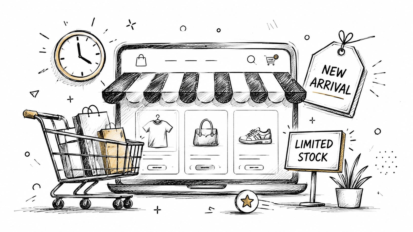 A hand-drawn illustration featuring an online store interface, a shopping cart, and urgent sale signage.