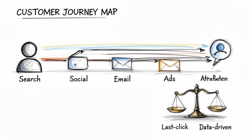 A customer journey map illustrating stages like Search, Social, Email, Ads, and Attribution, with a scale balancing last-click and data-driven models.