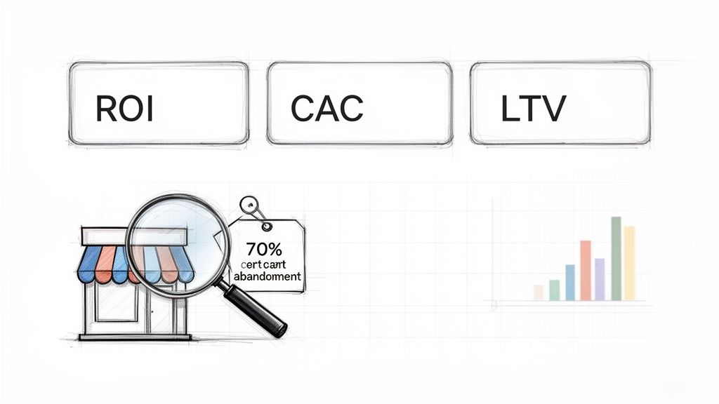 Key marketing metrics ROI, CAC, LTV, with store analysis, cart abandonment rate, and a growth bar chart.