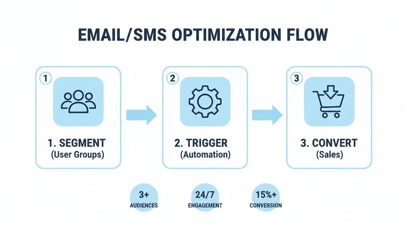 Email/SMS optimization flow showing segmentation, trigger automation, and sales conversion steps.