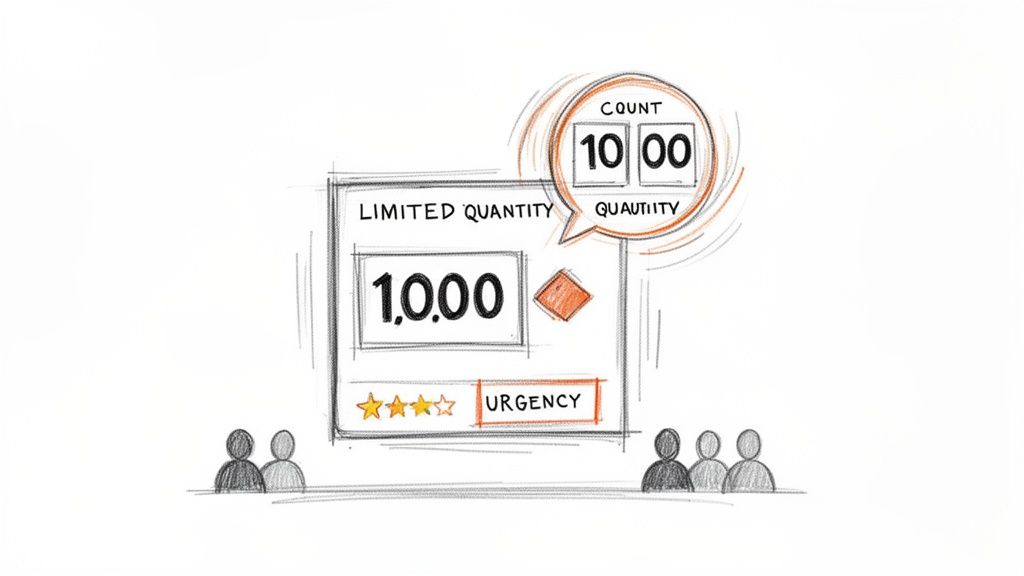 A sketch illustrating marketing techniques using limited quantity, urgency, and customer ratings.