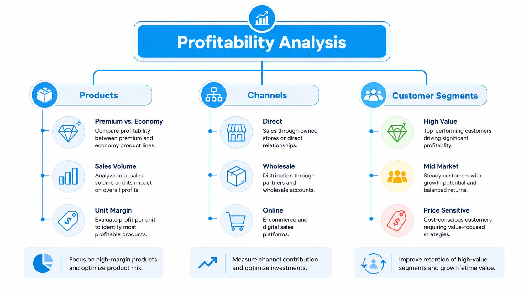 A diagram illustrating a profitability analysis framework categorized into products, sales channels, and customer segments for business strategy.