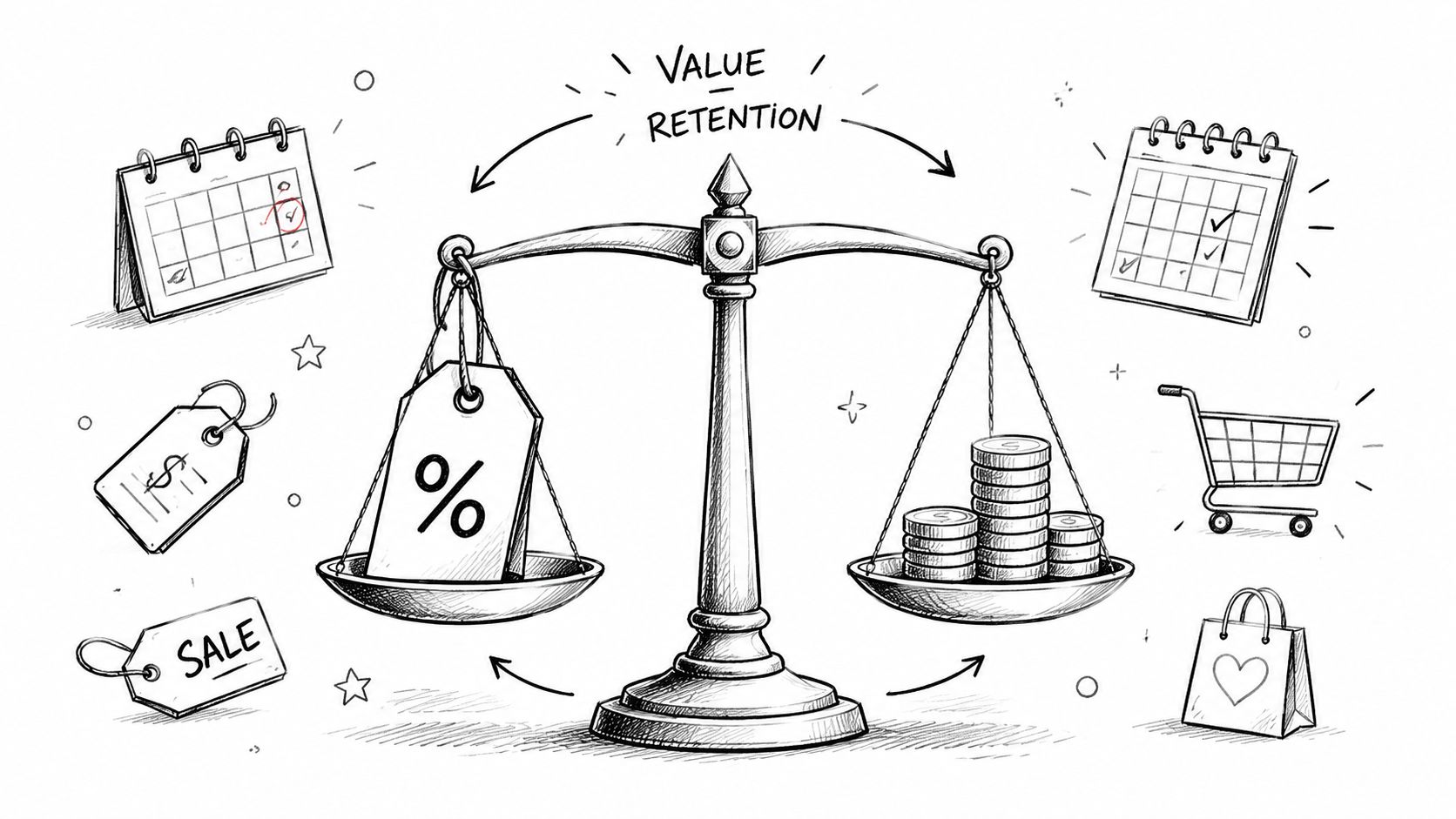 A hand-drawn illustration showing a balance scale weighing discounts and money to represent value retention strategy.