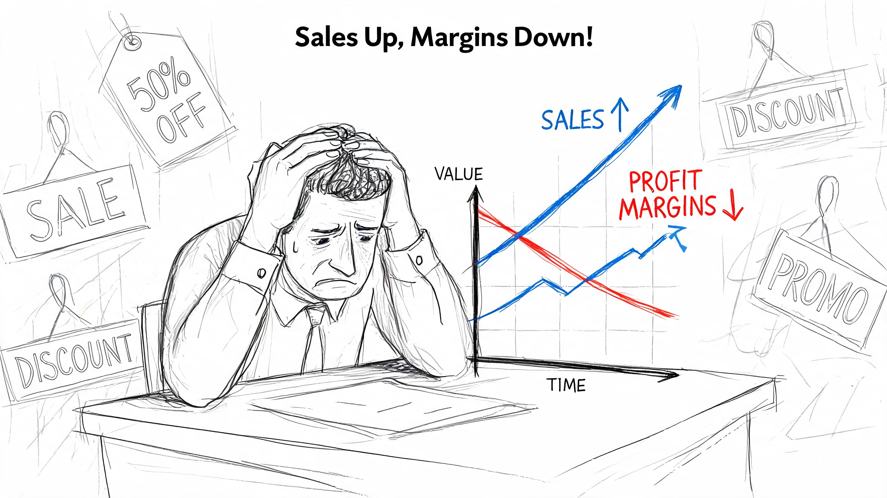 A distressed businessman looking at a chart showing rising sales and falling profit margins due to discounting.