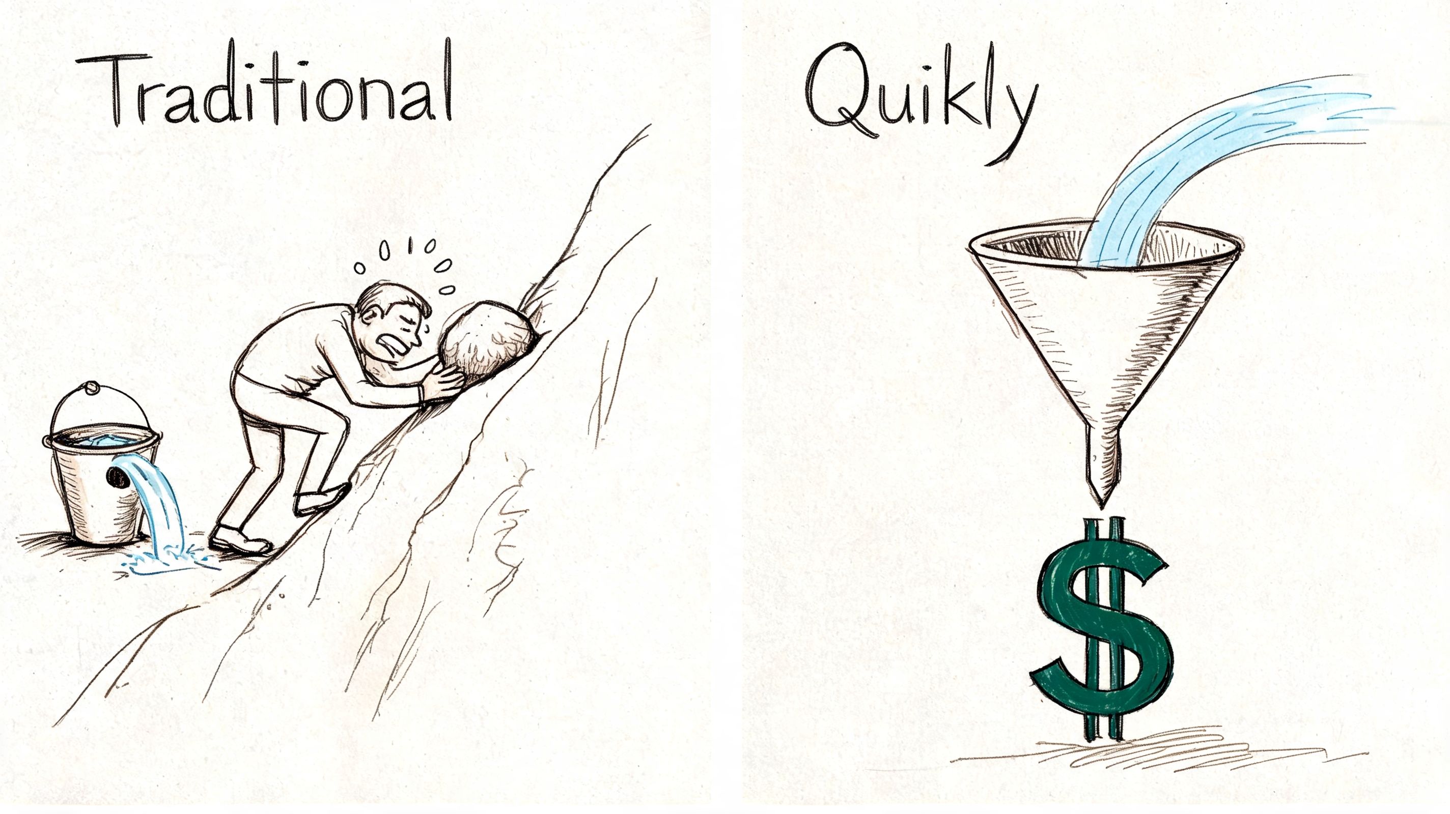 A comparison illustration showing a man struggling with a leaky bucket versus a funnel creating profit.