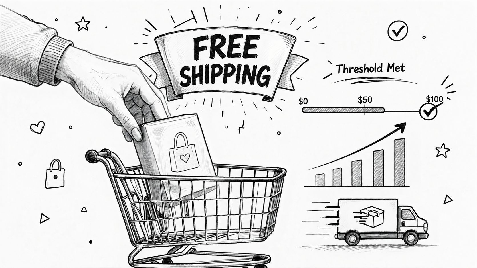 A hand placing a shopping bag into a cart to represent achieving free shipping order thresholds.