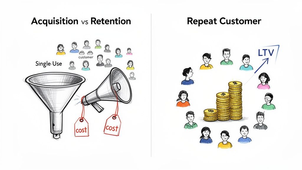 Comparison of customer acquisition costs using a funnel and megaphone versus repeat customer lifetime value with money stacks.