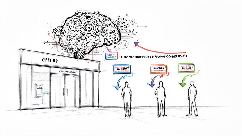Sketch of a retail store with a gear-driven brain, illustrating automation driving customer conversions.