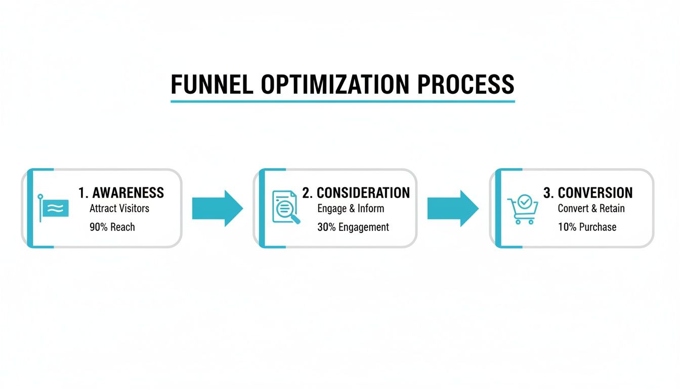 A diagram illustrating the 3-step funnel optimization process: Awareness, Consideration, and Conversion with key metrics.