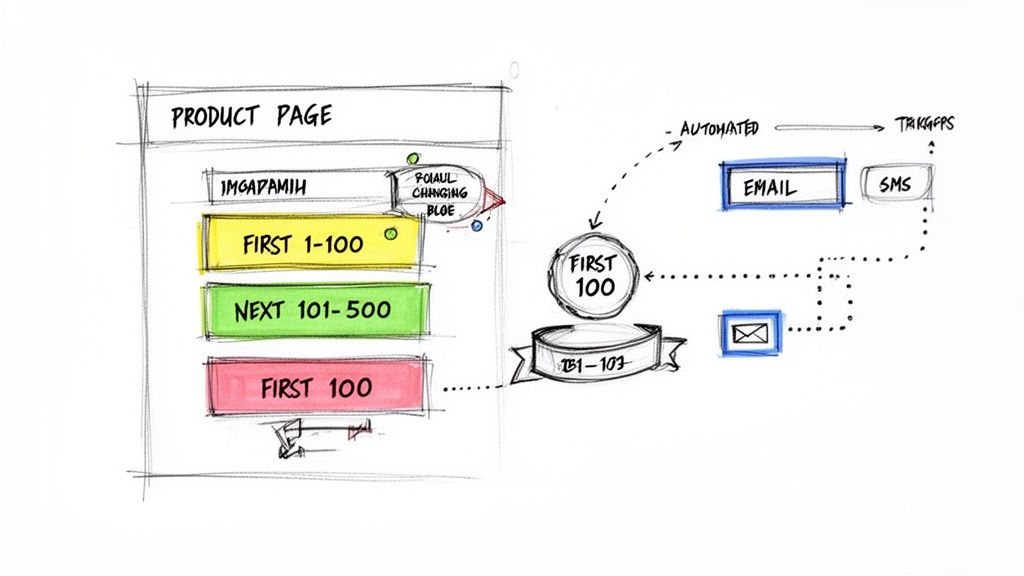 Hand-drawn diagram illustrating product page tiers, marketing automation, email, and SMS triggers.