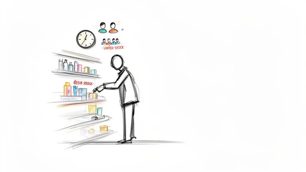 Sketch of a person choosing products from store shelves with a clock and 'LIMITED STOCK' message.
