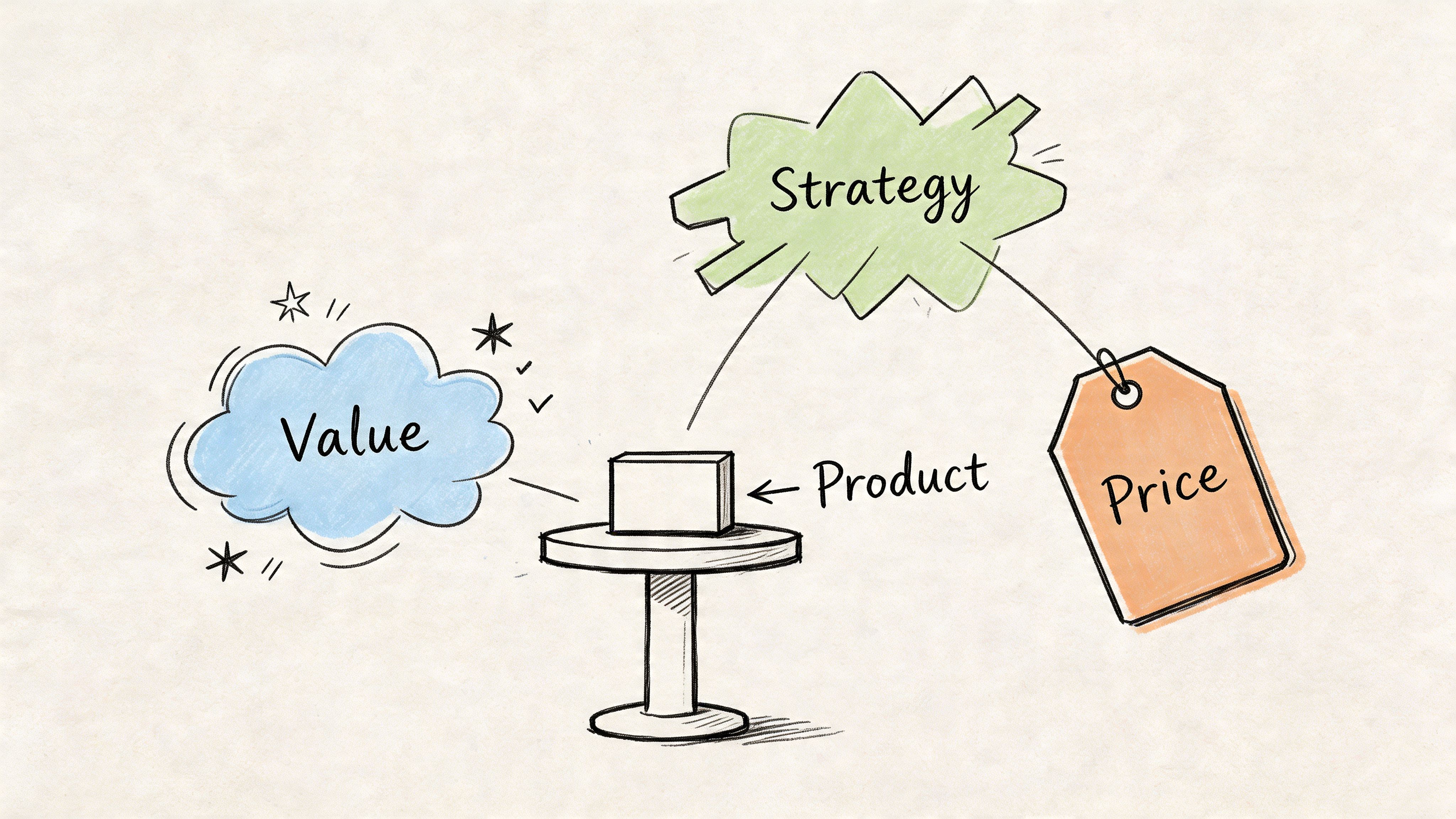 A hand-drawn illustration depicting a product on a table connected to strategic value and price labels.